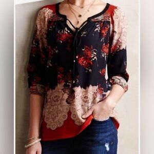 Meadow Rue Blossom Peasant Blouse Red Silk Small Anthropologie